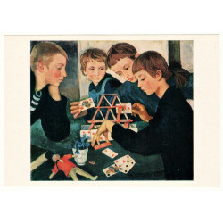 "House of cards" by Serebryakova Child plays card Russian Vintage Postcard