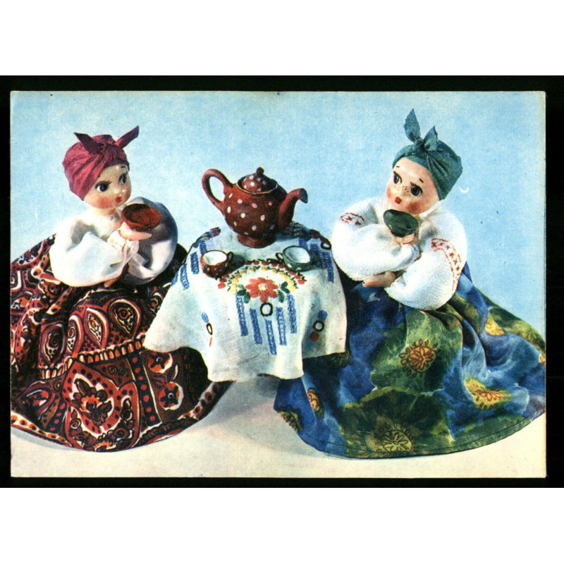 1968 Doll in Russian Folk Traditional Costume Tea Party Toy Soviet VTG Postcard