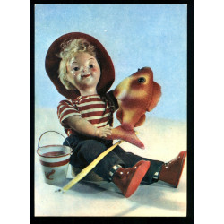 1968 Doll Pretty Boy Fisherman with fish Toy Soviet VTG Postcard