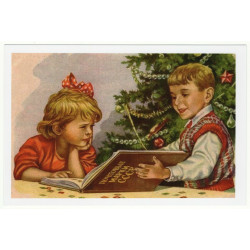 USSR GIRL & BOY read book Soviet Stamps by GUNDOBIN Propaganda Russian postcard