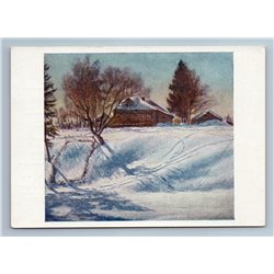 1957 MARCH BLUE SHADOWS Peasant House Snow by Shegal Art Vintage Postcard