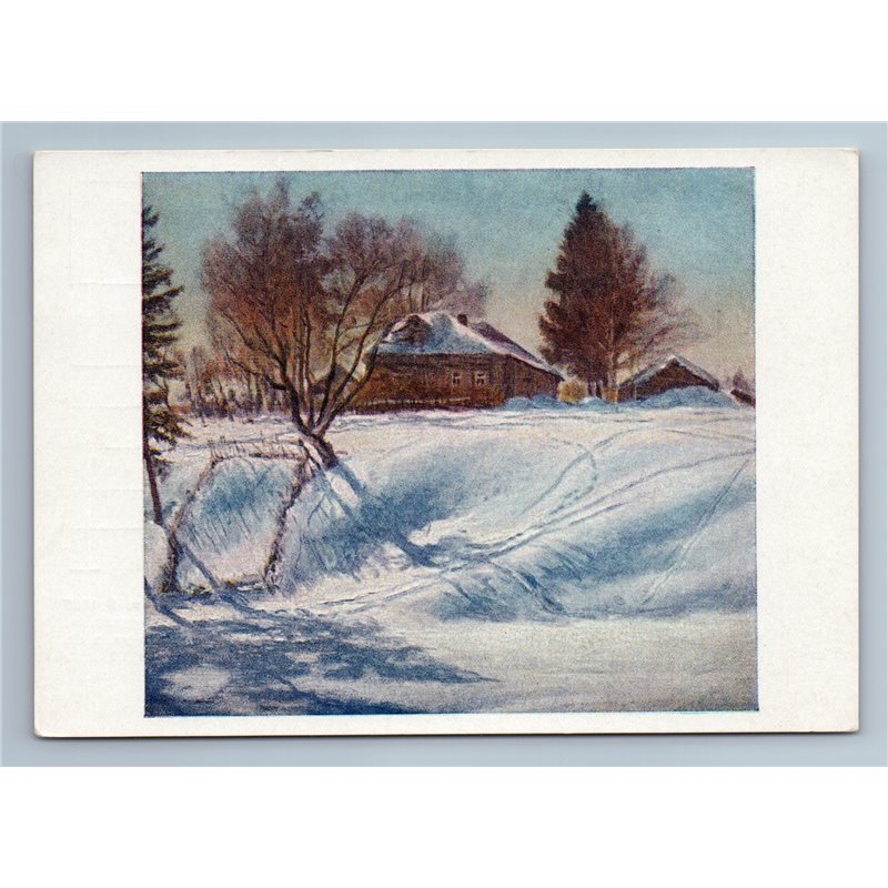 1957 MARCH BLUE SHADOWS Peasant House Snow by Shegal Art Vintage Postcard