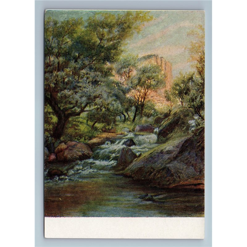 1957 AZAT RIVER GARNI Waterfall by Armenia Artist Gyurjian Art Vintage Postcard