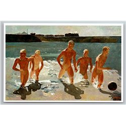 MENS Lunch Break Sea Beach by DEYNEKA Nude Socialist Fine Art Russian Postcard
