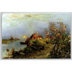 RUSSIAN PEASANT VILLAGE on Riverbank Tree Boat Landscape by Klever New Postcard