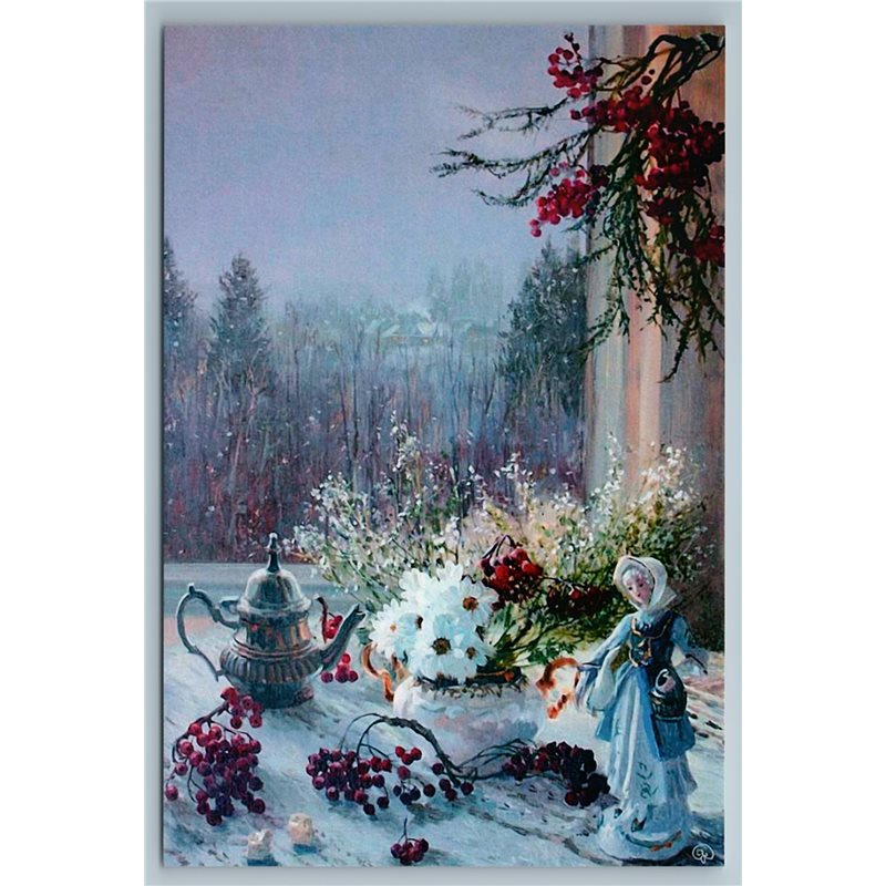 SNOW WINTER STILL LIFE with Silver Kettle DOLL Figurine by Zhdanov New Unposted Postcard