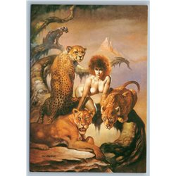BORIS VALLEJO Mistress of cats Leopards Nude Girl Erotica Russian postcard