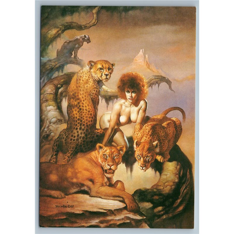 BORIS VALLEJO Mistress of cats Leopards Nude Girl Erotica Russian postcard