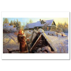 WOMAN in Shawl & Well Peasant House Russian Ethnic by Zhdanov Modern Postcard