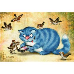 BLUE CAT & game on mobile phone by Irina Zenyuk Comic Russia Modern Postcard