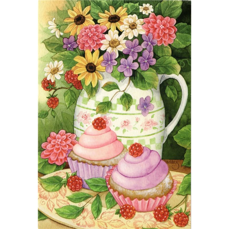 Tea Party Time Cake with raspberries by Jane Maday Floral Russia Modern Postcard