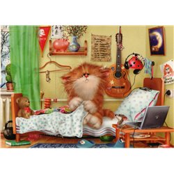 RED CAT awoke in room Toys Guitar Interior Funny Comic Russia Modern Postcard