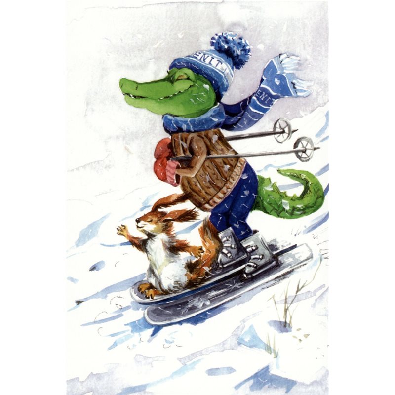 Crocodile and squirrel skiing Funny Comic Fantasy Tale Russian Modern postcard