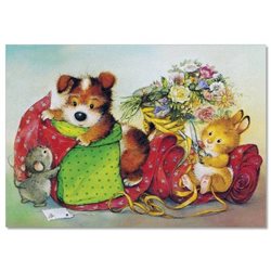 Lisi MARTIN~ PUPPY BUNNY rabbit Mouse SEWING needlework ART KIDS postcard