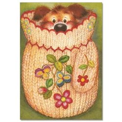 Lisi MARTIN~  PUPPY Dog in knit mitten Funny Humor New Modern KIDS postcard