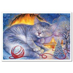 CAT sleeping CHRISTMAS House and Home Fireplace  Russian Modern Postcard