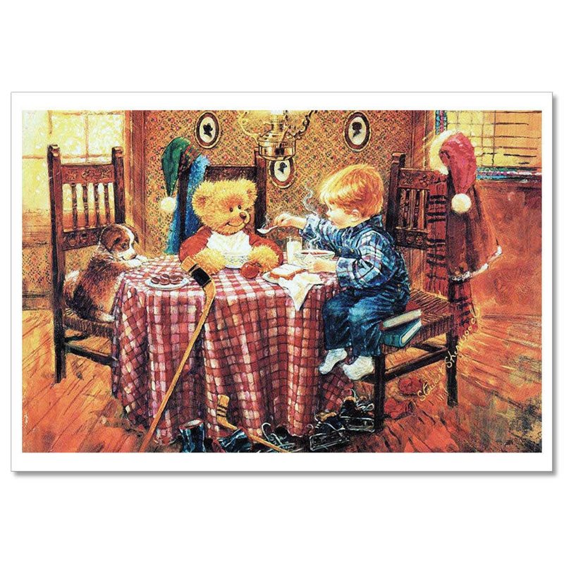 Little BOY with his TEDDY Bear Dinner Hockey Dog Russian Modern Postcard