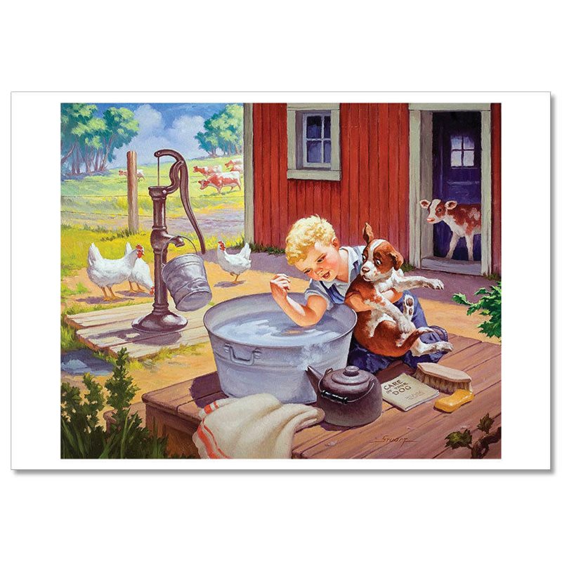 LITTLE BOY washes Dog Puppy Ranch Comic Humor Russian Modern Postcard