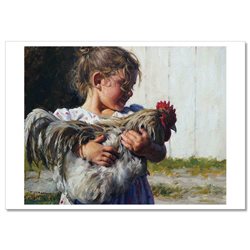 Little GIRL hug rooster Cock Ranch by Robert Duncan Russian Modern Postcard
