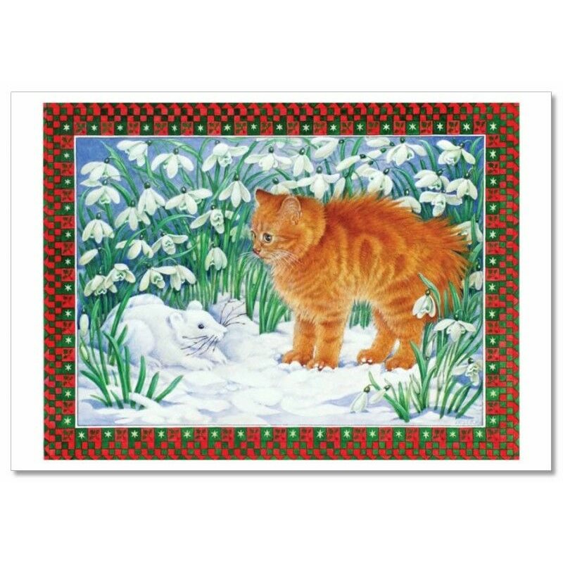 RED CAT and Snow Mice Mouse lilies of the valley by Ivory NEW Russian Postcard
