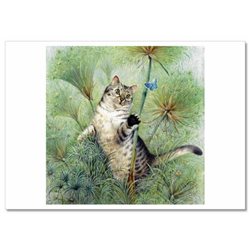 FUNNY CAT catches a butterfly in Garden by Ivory NEW Russian Postcard
