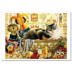 Fury CAT in SEW workshop TOYS bascket by Ivory NEW Russian Postcard