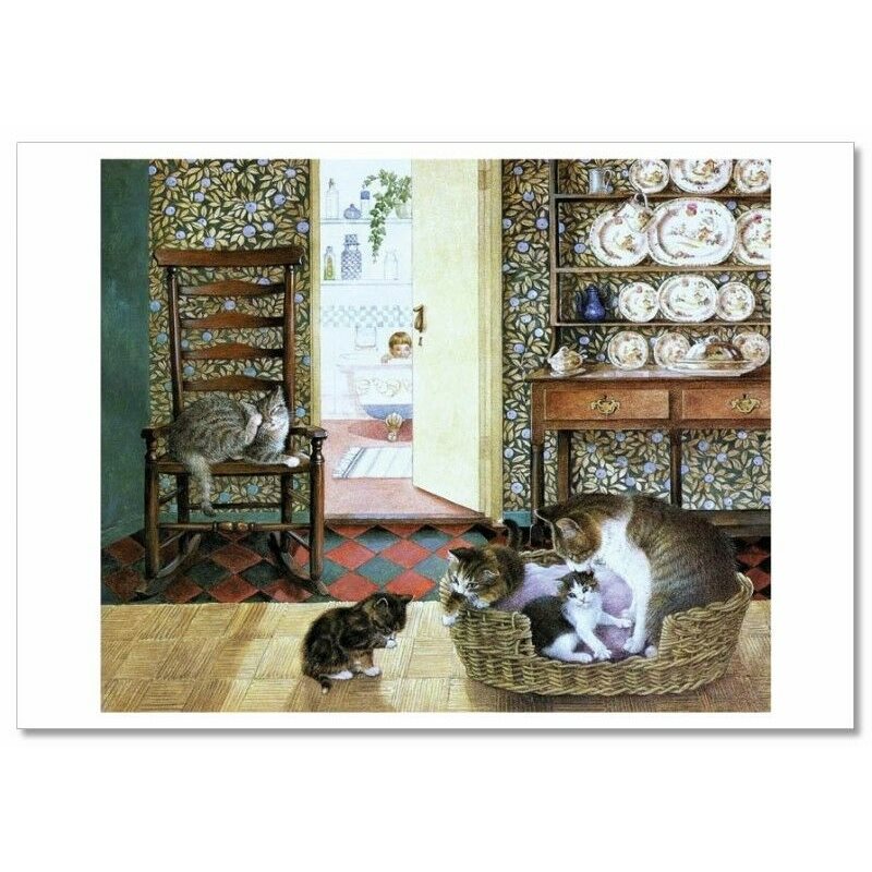 CAT and Kittens in Basket Interior Porcelain by Ivory NEW Russian Postcard