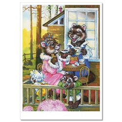 Family Wolverine tea party time on Veranda NEW Russian Child Tale Postcard