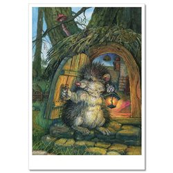 HEDGEHOG with lamp door to tree house Mushroom NEW Russian Child Tale Postcard