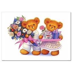 TEDDY BEAR with Flowers breakfast in bed Greetings NEW Russian Postcard