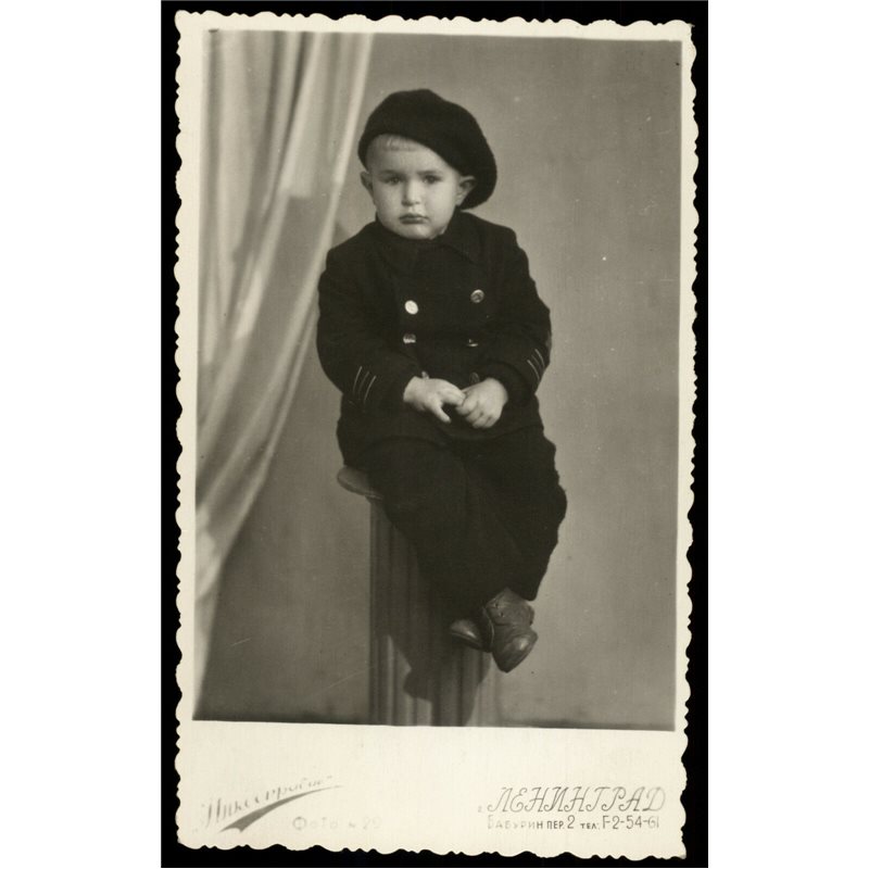 1955 Pretty Little BOY in Beret and Fashion Costume Studio Russian antique photo