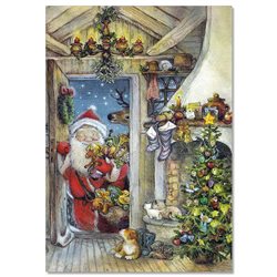 SANTA CLAUS enters the house Christmas Puppy CAT by Lisi Martin NEW postcard