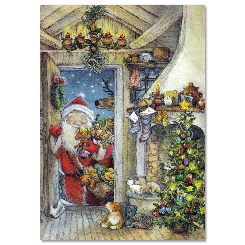 SANTA CLAUS enters the house Christmas Puppy CAT by Lisi Martin NEW postcard