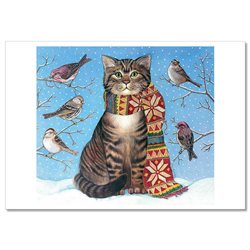 CAT Kitten in Scarf in Winter yard BIRDS Cute Russian Modern Postcard