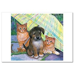 CAT Kitten and DOG Puppy under Umbrella Rainy Day Cute Russian Modern Postcard