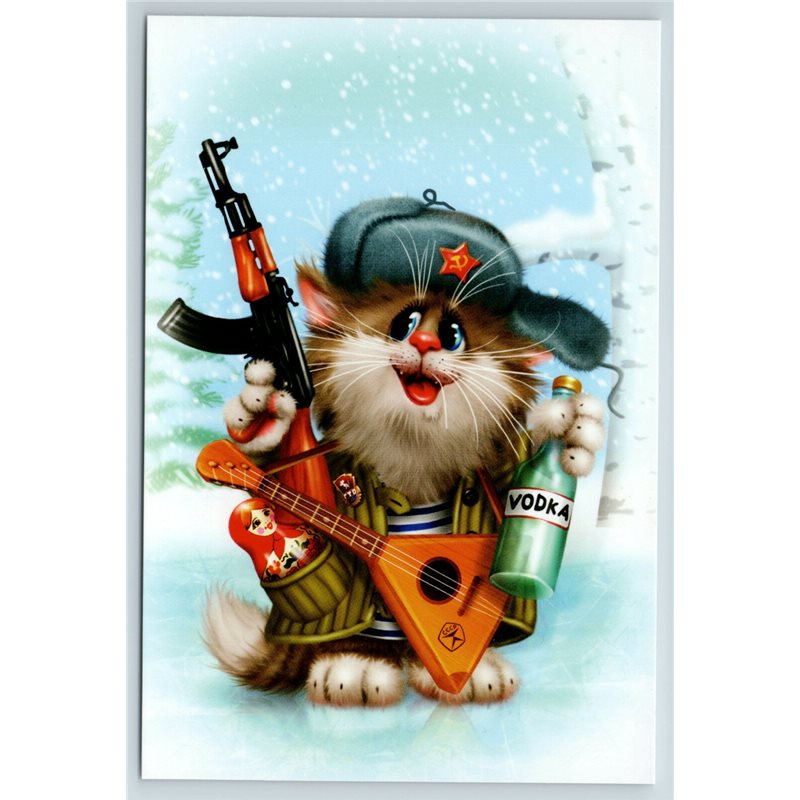 RUSSIAN CAT with Vodka Balalaika and AK-47 Funny Comic Russia Modern Postcard