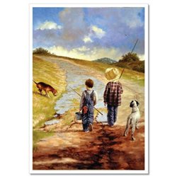 Little BOYS go fishing with dogs JIM DALY KIDS ART Modern Postcard