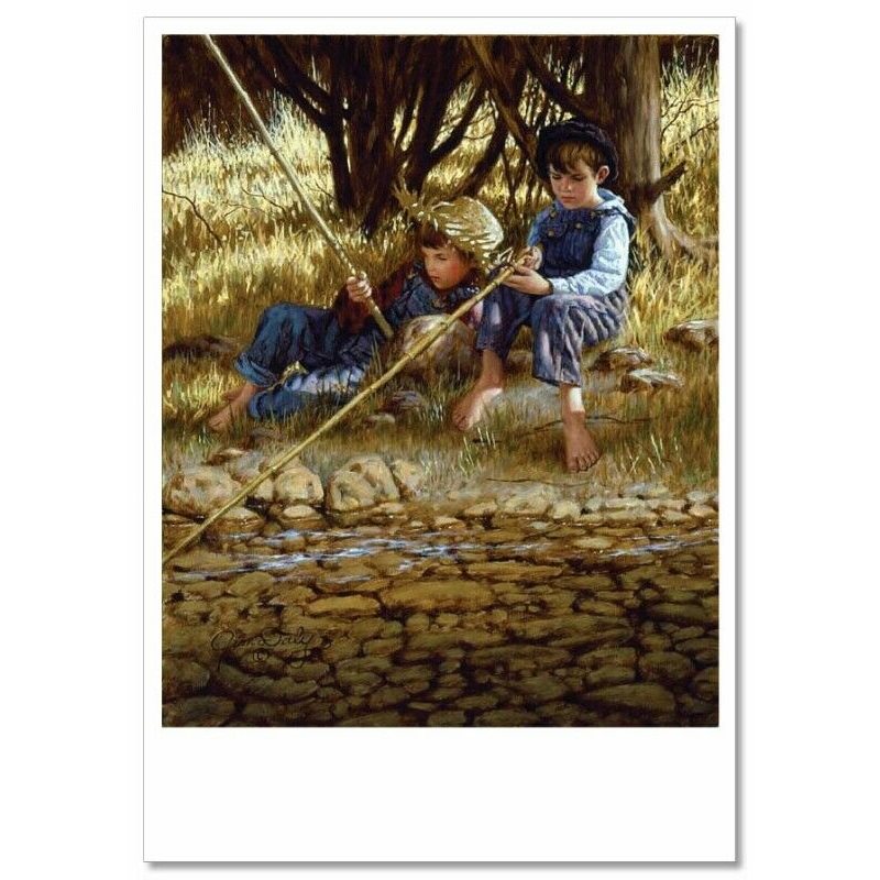 Little BOYS fishing on River JIM DALY KIDS ART Modern Postcard