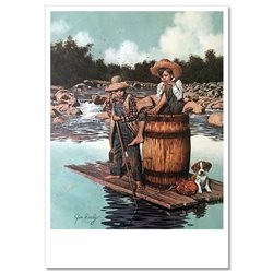 LITTLE BOYS with DOG on raft JIM DALY KIDS ART Modern Postcard