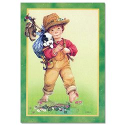 Lisi MARTIN~ LITTLE BOY with PUPPY dog Funny ART KIDS postcard