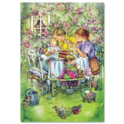 Lisi MARTIN~ FAMILY drinking tea with cake in Garden ART KIDS postcard