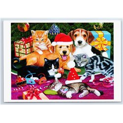 CATS & PUPPY Dog under Christmas Tree Russian Unposted Postcard