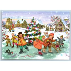 KIDS on Christmas Ice Rink Skates New Unposted Postcard