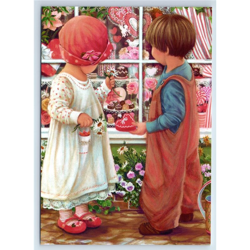 LITTLE GIRL & BOY Valentine's Treasure Sweet Shop New Unposted Postcard
