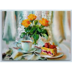 TEA CUP & Cake Bouquet of yellow roses New Unposted Postcard