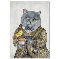 CATS ART ~ CAT gray with tea cup Bird Pocket watch Russian MODERN Postcard