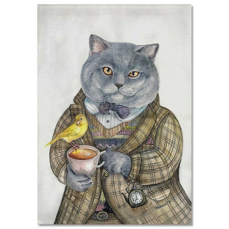 CATS ART ~ CAT gray with tea cup Bird Pocket watch Russian MODERN Postcard
