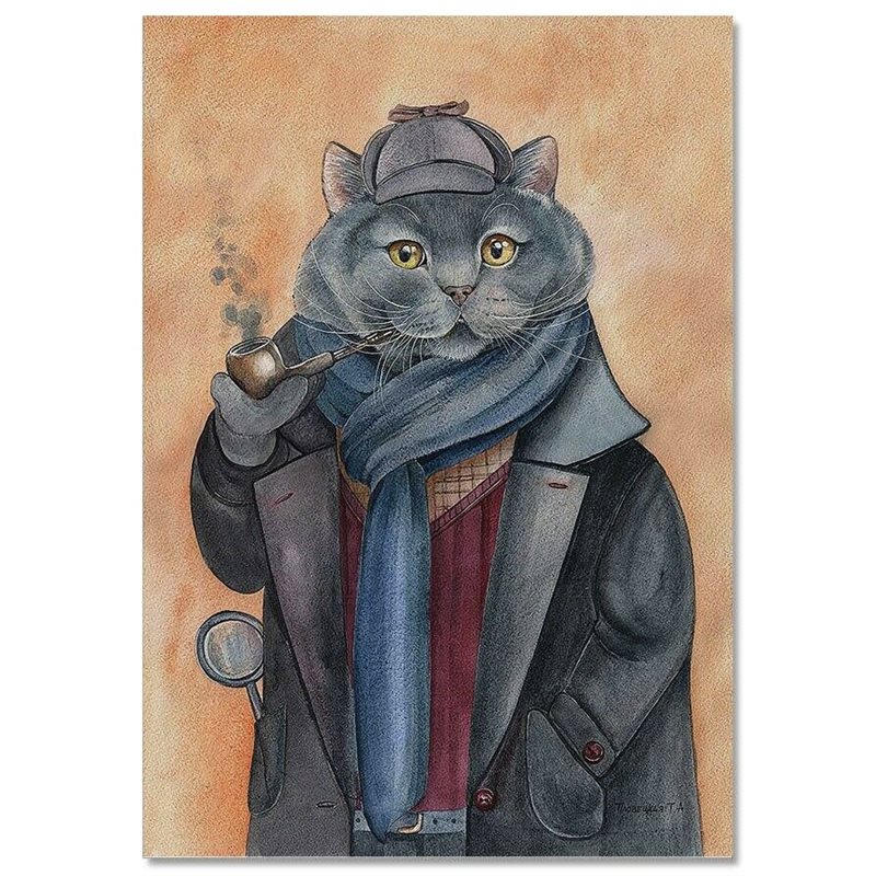 CATS ART ~ CAT gray Sherlock Holmes with tobacco pipe Russian MODERN Postcard