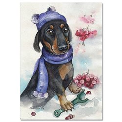 Dog Dachshund in hat & scarf Comic Humor by Plovetskaya Russian MODERN Postcard