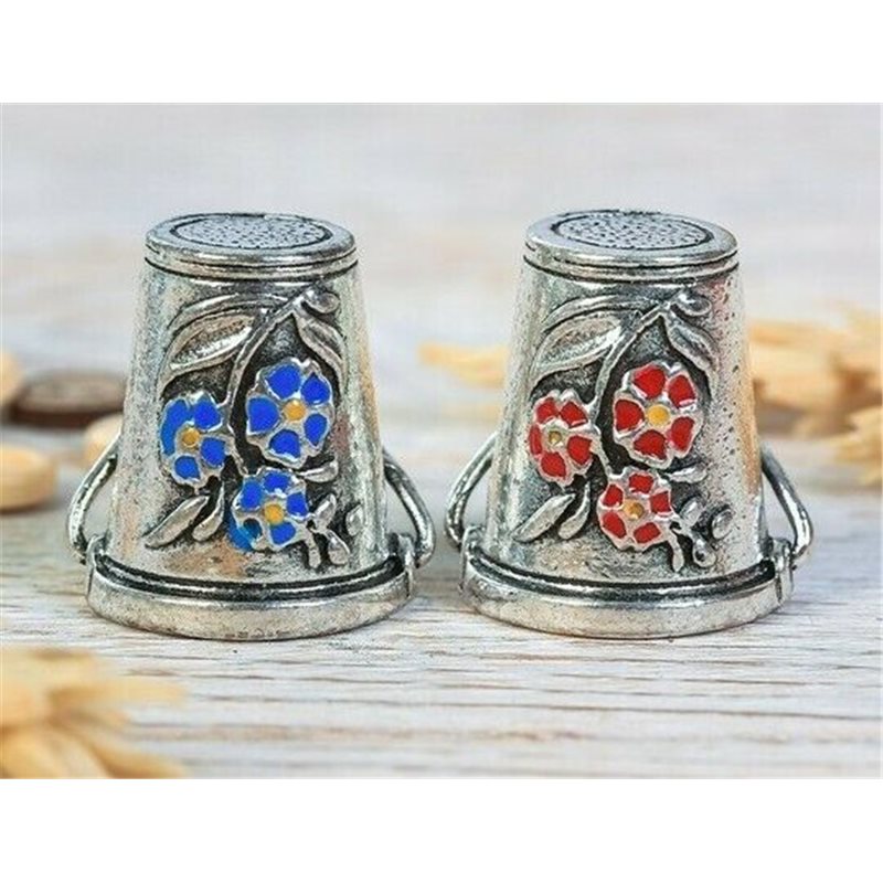 Thimbles TWO BUCKET Flowers Ethnic Solid Brass Metal Russian Souvenir Collection